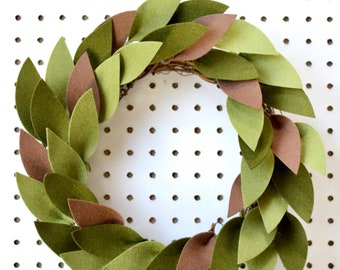 Felt Wreath | Green + Brown | Magnolia Leaves | Modern Home Decor | Ready to Ship | 10&quot;
