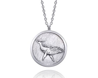 Humpback Whale Sterling Silver Round Handmade Animal Necklace (White)