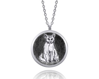 Kitty Cat Sterling Silver Round Handmade Animal Necklace (Black)