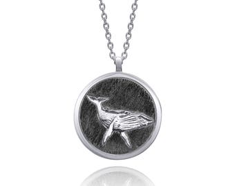 Humpback Whale Sterling Silver Round Handmade Animal Necklace (Black)