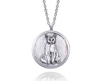 Kitty Cat Sterling Silver Round Handmade Animal Necklace (White)
