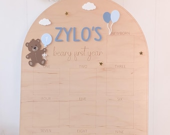 Beary First Birthday Photo Board, 1 Year Baby Wood Personalized Party Decoration