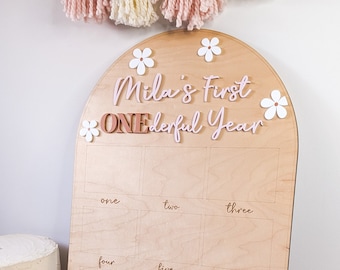 May include: Wooden sign with a light brown background and a white arch at the top. The sign says "Mila's First ONEderful Year" in pink and brown letters. There are white flowers with pink centers around the text. The sign is divided into 12 squares with the numbers one through twelve written in each square.