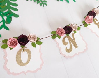 Floral 1st Birthday Banner Flower Decor Pink and Purple Birthday Bunting Instant Download 1587 ONE High Chair Banner