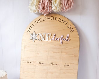 May include: An arched wooden milestone board featuring the text "ISN'T SHE LOVELY, ISN'T SHE" and "ONEderful" with a snowflake icon. The board includes twelve rectangular sections labeled with the words one through twelve in a script font.