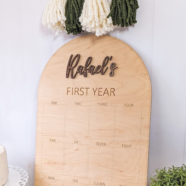 Personalized 1 year Photo Board: Engraved Wood, 1-12 Months