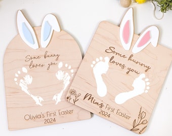 My First Easter Sign, Babys First Easter Plaque, Some Bunny Loves You, Personalized, Baby Footprint Keepsake, Easter Basket Stuffers, DYI