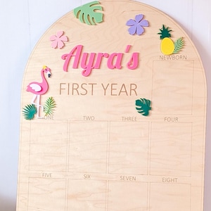 May include: An arched wooden milestone board titled Ayra's FIRST YEAR with a grid for months from newborn to twelve. The board features colorful 3D cutouts of a pink flamingo, a yellow pineapple, green tropical leaves, and purple flowers.