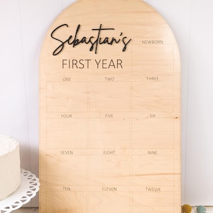May include: A wooden milestone board with an arched top. The board is engraved with the text "Sebastian's FIRST YEAR" and numbered boxes for each month. The word "NEWBORN" is also included. Decorative elements include a cake and colorful felt balls.