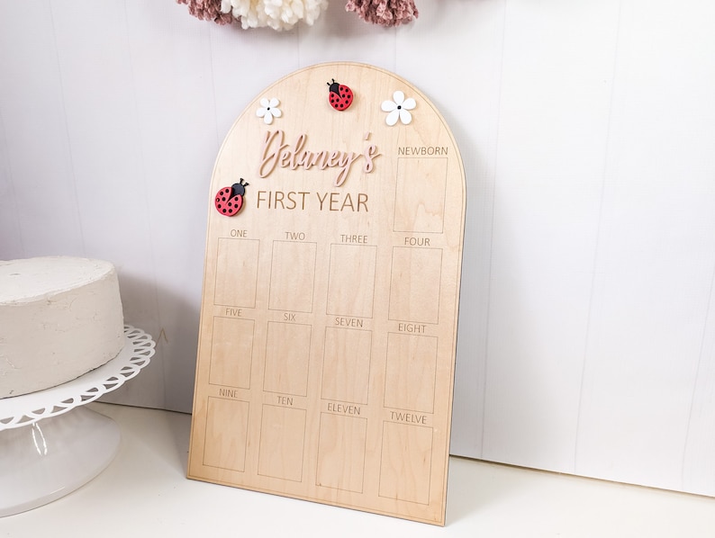 May include: Wooden milestone board with the text "Delaney's FIRST YEAR". The board has spaces for photos and is decorated with ladybugs and flowers. The board is light brown and has a rounded top.