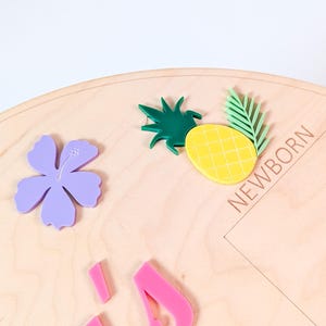 May include: A circular wooden plaque featuring a light wood grain finish. The plaque is decorated with a purple acrylic hibiscus flower, a yellow pineapple with green leaves, and the word NEWBORN engraved in capital letters. Pink acrylic letters are visible at the bottom.