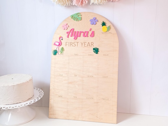 1st Birthday Luau Baby Photo Board, Personalized Tropical Hawaiian 1 Year Party Decor