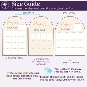 May include: A size guide for photo prints, featuring three arched templates labeled "Harper's First Year." The guide includes dimensions of 23"H x 14.5"W and 23"H x 17.5"W, with options for 4"x3" and 4"x4" prints.