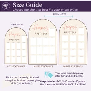 May include: A size guide graphic for three arched photo boards labeled Harper's First Year. The boards measure 18 inches by 11.5 inches and 23 inches by 14.5 inches. The graphic displays grid layouts for newborn through twelve-month photo prints.
