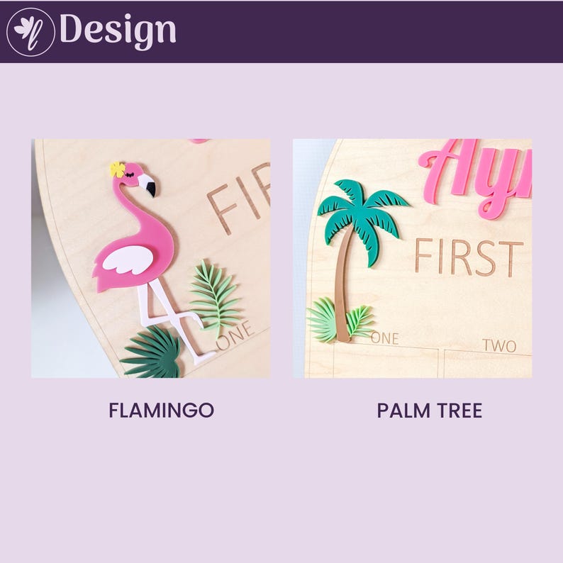 May include: Two wooden plaques featuring laser-cut designs. The left plaque displays a pink flamingo with a yellow flower and green palm leaves. The right plaque shows a green palm tree with a brown trunk and the pink text "Ay" above the word "FIRST".