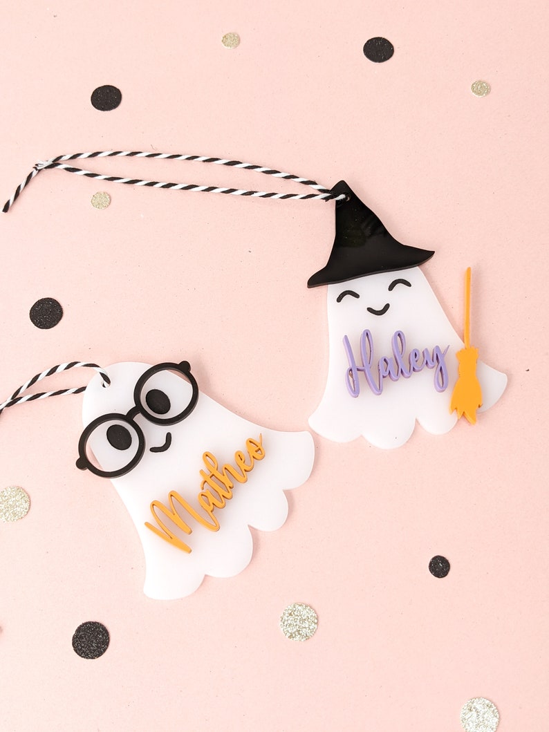 Personalized Halloween Basket Tag: Acrylic Ghost Trick or Treat Bag image 1