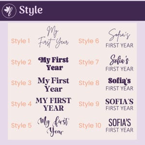 May include: A graphic featuring ten different text styles for "My First Year" and "Sofia's First Year." The text styles vary in font and layout, with a color palette of purple, peach, and white. The word "Style" is at the top.