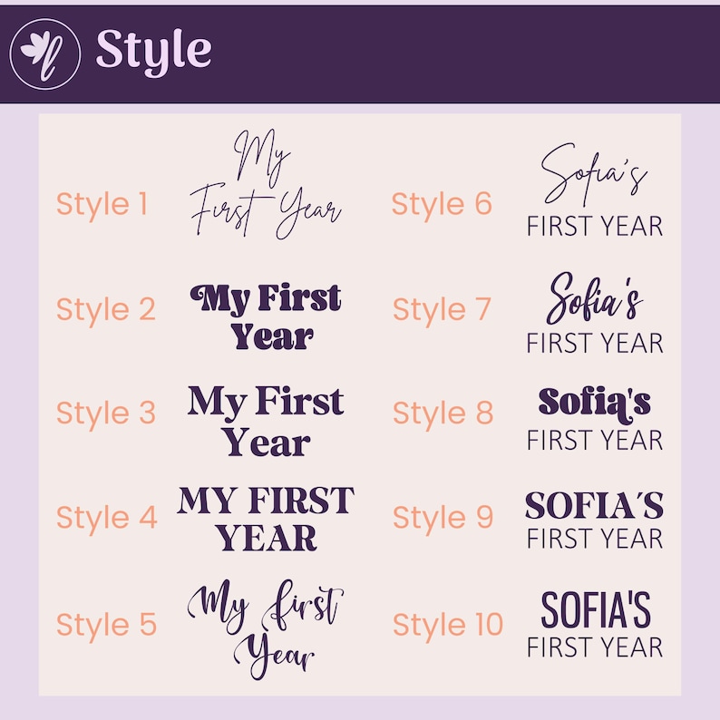 May include: A graphic featuring ten different text styles for "My First Year" and "Sofia's First Year." The text styles vary in font and layout, with a color palette of purple, peach, and white. The word "Style" is at the top.