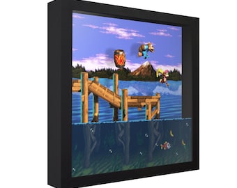 Donkey Kong Country 3 (Lakeside Limbo) - 3D Shadow Box for Gamers | Handmade Wall Art | Unique Gaming Gift | Retro Video Game Decor