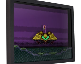 May include: A pixelated 3D diorama of a video game scene featuring a pink and green character standing on a yellow spaceship against a purple and blue background. The scene is set in a green and brown landscape.