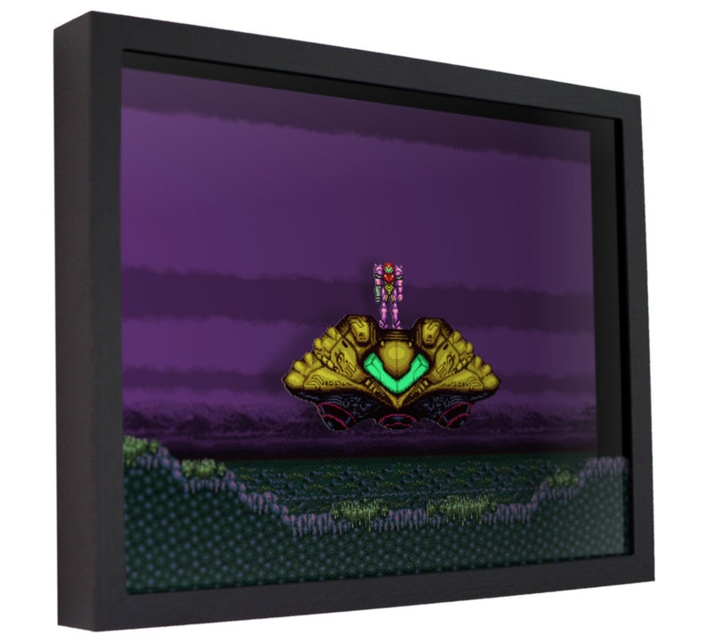 May include: A pixelated 3D diorama of a video game scene featuring a pink and green character standing on a yellow spaceship against a purple and blue background. The scene is set in a green and brown landscape.