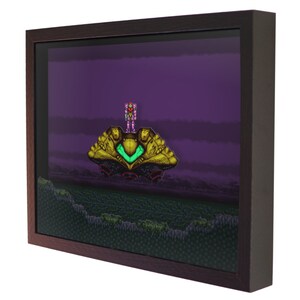 May include: A pixelated image of a video game character standing on a flying platform. The character is wearing a pink and purple suit and is holding a gun. The platform is gold and green and has a purple background. The background is a dark purple with a green and brown landscape in the foreground.