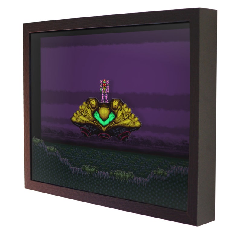 May include: A pixelated image of a video game character standing on a flying platform. The character is wearing a pink and purple suit and is holding a gun. The platform is gold and green and has a purple background. The background is a dark purple with a green and brown landscape in the foreground.