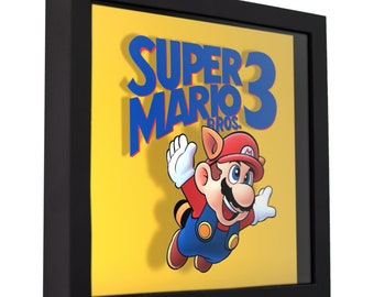 Super Mario Bros. 3 (Cover Art) - 3D Shadow Box for Gamers | Handmade Wall Art | Unique Gaming Gift | Retro Video Game Decor | Gaming Room