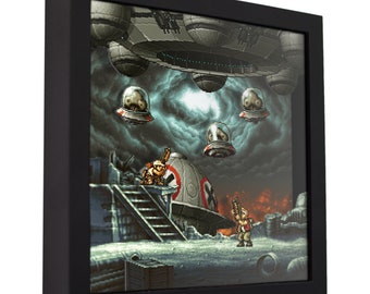 May include: A pixelated video game scene with a character standing on a platform, facing a flying saucer. The saucer has a red cross on it. There are other flying saucers in the background.