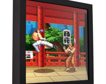 May include: A framed pixel art print of a video game scene. Two characters are fighting in a red and white Japanese temple setting. The text "龍虎" is visible on a hanging lantern.