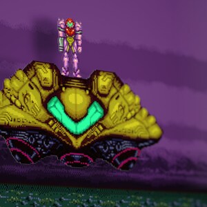 May include: A pixelated video game character in a pink and red suit stands on top of a gold spaceship with a green glowing window. The spaceship is flying over a purple and green pixelated background.