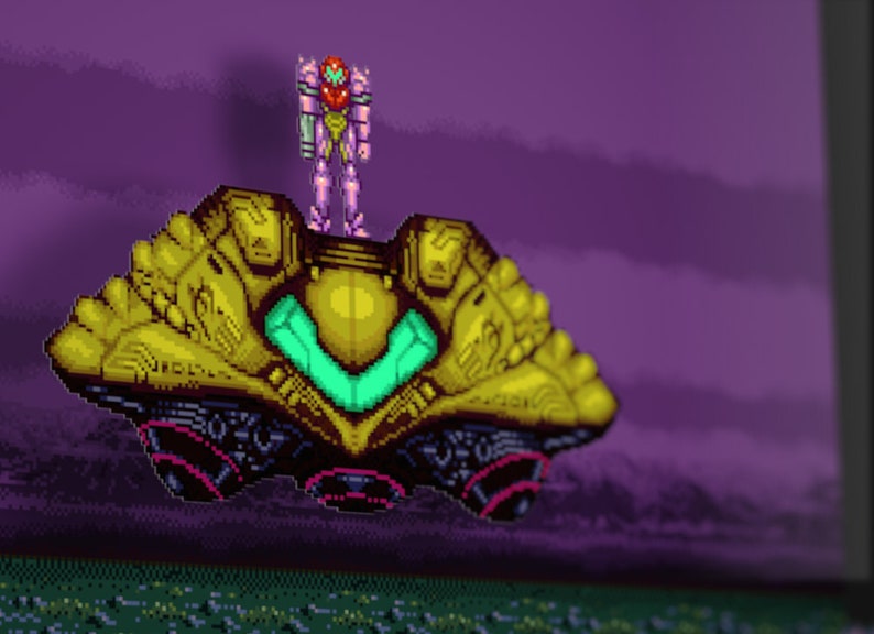 May include: A pixelated video game character in a pink and red suit stands on top of a gold spaceship with a green glowing window. The spaceship is flying over a purple and green pixelated background.