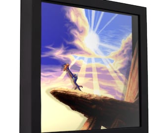 May include: A framed pixel art print of a lion cub standing on a rock with a bright sun and clouds in the background. The print is in a black frame.