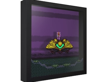 May include: A pixelated image of a spaceship from the video game Metroid. The spaceship is yellow and green and is flying over a purple landscape. The spaceship is framed in a black frame.