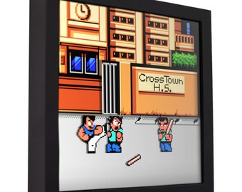 May include: Framed artwork featuring a pixelated video game scene with characters in a street fight. The background shows a building with the text "Crosstown H.S." in a black frame.