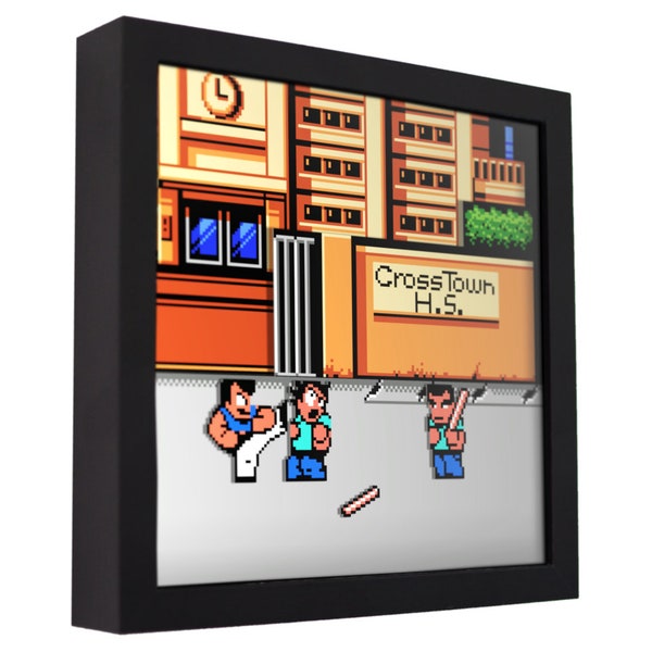 River City Ransom - 3D Shadow Box for Gamers | Handmade Wall Art | Unique Gaming Gift | Retro Video Game Decor | Gaming Room | Classic Games