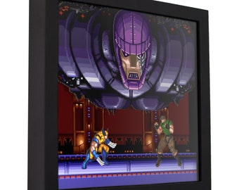 May include: A pixelated video game scene featuring a large purple robot with a menacing face, hovering over two characters. One character is a yellow and blue superhero with claws, and the other is a green-clad soldier. The scene is set in a dark, futuristic environment.
