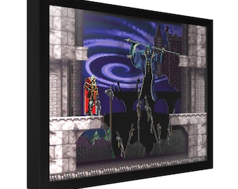 May include: A pixelated 3D diorama of a video game scene featuring a skeletal figure in a blue robe wielding a scythe, standing over a character in red armor. The scene is set against a dark purple background with a swirling vortex.