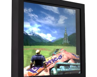 May include: A framed digital art print featuring a futuristic landscape with a person seated on a vehicle. The scene includes a distant tower, mountains, and a vibrant sky. The frame is black.