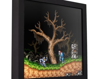 May include: A framed pixel art print of a scene from a video game. The scene features a knight in armor facing off against a zombie in a dark forest. The print is set against a black background and has a 3D effect.