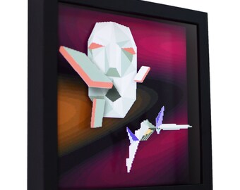May include: A framed 3D artwork featuring a white geometric shape with red eyes, a pink and white geometric shape, and a white and purple geometric shape against a pink and orange background.