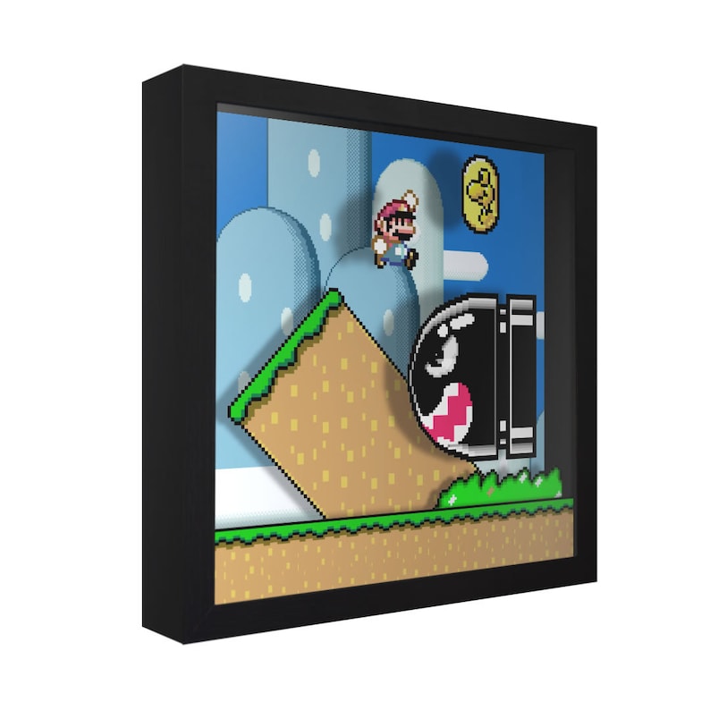Super Mario World Bullet Bill 3D Shadow Box for Gamers Handmade Wall Art Unique Gaming Gift Retro Video Game Decor Gaming Room image 1