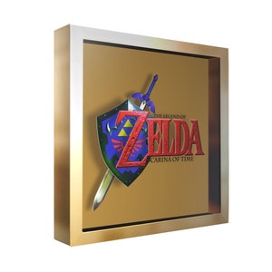 The Legend of Zelda: Ocarina of Time (Cover Art) with Golden Frame - 3D Shadow Box for Gamers | Handmade Wall Art | Unique Gaming Gift