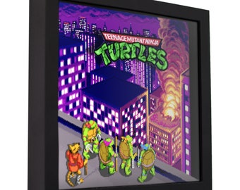 May include: A framed pixel art print of the Teenage Mutant Ninja Turtles from the classic video game. The turtles are standing on a rooftop in a city skyline with a building on fire in the background. The title "Teenage Mutant Ninja Turtles" and "TURTLES" are displayed in the image.