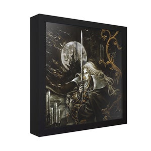 May include: A framed print of a dark fantasy illustration featuring a man with long white hair holding a sword. He is standing in front of a castle in the distance, with a full moon in the background.