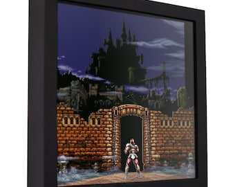 May include: A framed pixel art print of a video game scene. The scene depicts a character standing in front of a large, dark castle with a gate.