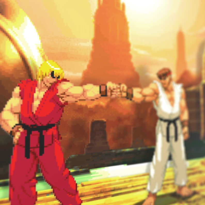 May include: Two video game characters, one in a red gi and the other in a white gi, are facing each other in a fighting stance. The character in the red gi has blonde hair and is throwing a punch. The character in the white gi has brown hair and is blocking the punch.