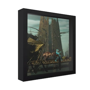 May include: A framed 3D image of a video game scene. A blue character is running on a wooden platform with a brown creature. The background shows a tall wooden structure and a cloudy sky.