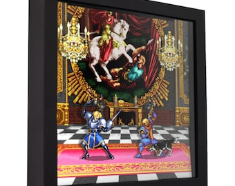 May include: A framed pixel art print of a video game scene. Two characters, one in blue armor and one in purple armor, are fighting in a castle room. A knight on a white horse is depicted in a painting on the wall.