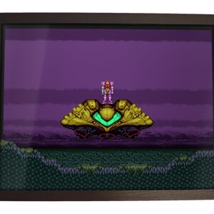 May include: A pixelated image of a video game character standing on a spaceship against a purple background. The character is wearing a pink and purple suit and is holding a gun. The spaceship is yellow and green and has a large, round cockpit.